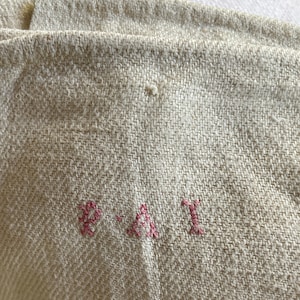 Op de afbeelding: Close-up van een beige geweven stof met de geborduurde letters "R.A.I." in roze draad. De stof heeft een getextureerd uiterlijk met zichtbare weefpatronen en kleine onvolkomenheden.