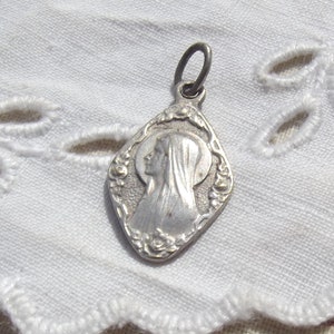 Antique French madonna medal devotional pendant Our Lady of Lourdes Art Nouveau SIlver