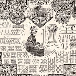 Antik fransk tryckt spets Lacemeking boksida 1910-talet graverad illustration