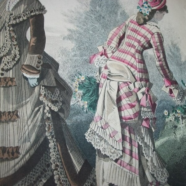 Antique French Litho Print Fashion Plate 1870s Colour Paris Style for Young Ladies
