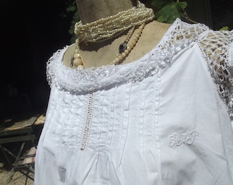 Antique French Chemise dress nightie shift Handmade lace embroidery feather stitch