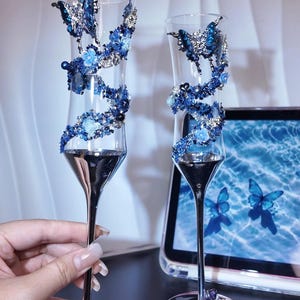 Handmade Blue Butterfly Champagne Flutes: Crystal Wedding Glasses
