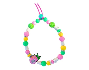 May include: A colorful beaded bracelet with pink, green, yellow, and white beads. The bracelet features a charm with text and a pineapple design. The cord is pink and has a turquoise clasp.