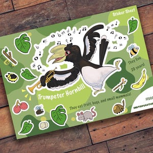Stickervel trompet neushoornvogel | Bestand met dierenfeiten | Handgetekend | Mat