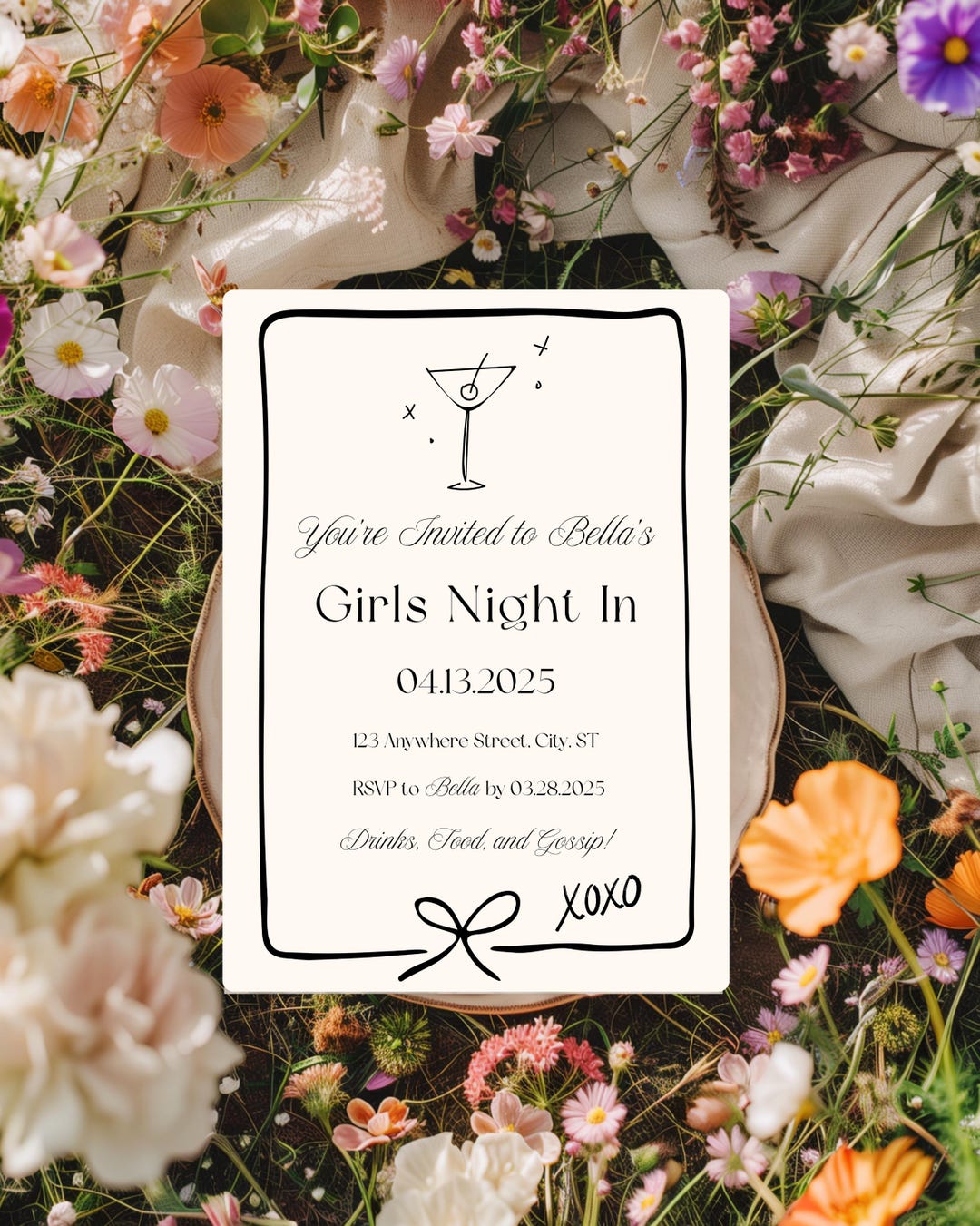 Girls Night in Invitation, Black and White Party Invite, Martini Glass ...