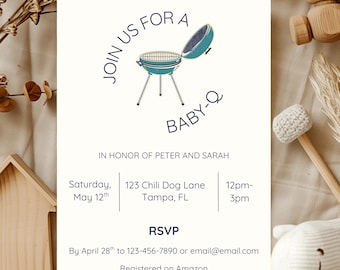 Puede incluir: Invitación a un baby shower con un gráfico de barbacoa azul claro y el texto "Join us for a Baby-Q". La invitación incluye detalles del evento, como la fecha, la hora, el lugar y la información de RSVP.