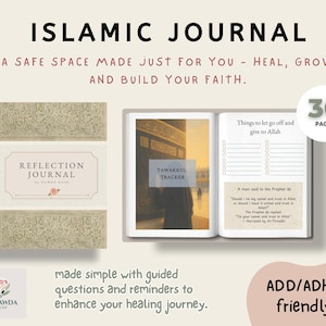 Pode incluir: Um "Diário Islâmico" com o texto "Um espaço seguro feito apenas para você - Cure, cresça e construa sua fé." O diário inclui um "Diário de Reflexão" e um "Tawakkul Tracker". O diário é "amigável para TDA/TDAH" e tem "30+ páginas."