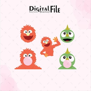 May include: Digital file featuring five cartoon monster illustrations. The monsters are in shades of orange and green, with expressive faces and some blowing bubbles. The text "DIGITAL FILE INSTANT Download" is at the top.