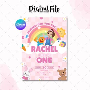 Può includere: Un invito di compleanno rosa con il testo "Digital File Instant Download". Il design include un arcobaleno, personaggi dei cartoni animati e il nome "Rachel" con "is turning one". Ulteriori dettagli includono la data, l'ora e le informazioni RSVP.