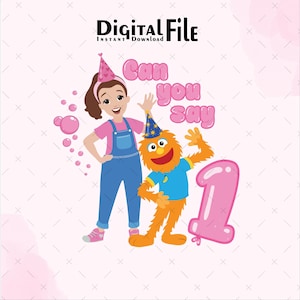 Puede incluir: Archivo digital con una ilustración de dibujos animados para un primer cumpleaños. La imagen presenta a una niña con un mono, un monstruo naranja peludo y un globo rosa con el número uno. El texto dice "Can you say".