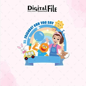 Może przedstawiać: Plik cyfrowy z tekstem "DIGITAL FILE INSTANT Download". Obrazek przedstawia kreskówkę z tęczą, dziewczynką, słońcem, królikiem, potworem, misiem i żółtym autobusem szkolnym. Obecny jest również tekst "HI, FRIENDS! CAN YOU SAY".
