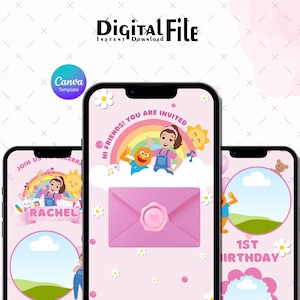 May include: Digital file for a birthday party invitation. The design features a pink background with cartoon illustrations of a girl, a rainbow, and a sun. The text "Hi Friends! You are invited" is displayed.