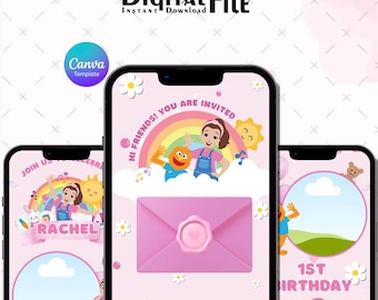May include: Digital birthday party invitation file. The design includes a pink background with cartoon illustrations of a girl, a rainbow, and a sun. The text "Hi Friends! You are invited" is displayed.