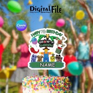 Pode incluir: Um topo de bolo colorido com o texto "Happy 7th Birthday" e "Grow a Garden". O topo apresenta gráficos de desenhos animados de um espantalho, animais e outros elementos com tema de jardim. O bolo é coberto com granulado colorido.