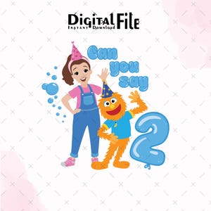 Puede incluir: Archivo digital con una ilustración de dibujos animados para un segundo cumpleaños. Incluye una niña con peto, un monstruo naranja y un globo azul con el número 2. El texto dice "Can you say".