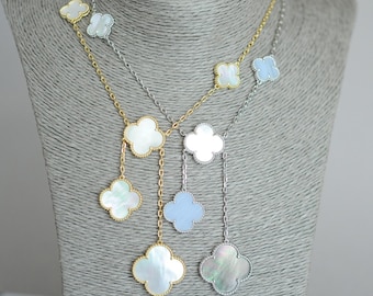 Dangle White & Gray MOP Six Clover Necklace,  Gold plated 925 Silver, 6 clover Y necklace, mother of pearl and chalcedony clover