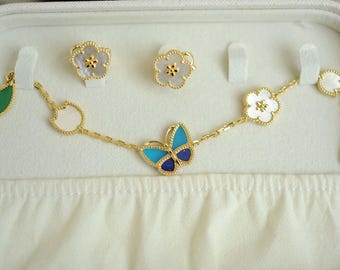 New Spring Style! Lucky Spring flower MOP earrings, butterfly bracelet. Gold plated. White mother of pearl spring flower stud earrings