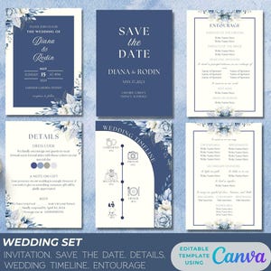 Navy Blue Wedding Invitation Bundle Template, Printable Wedding Invitation Set, Classic Wedding Invite, Editable Template, Instant Download