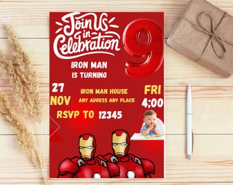 Zaproszenie urodzinowe Iron Mana: impreza superbohaterów, edytowalny szablon (pobieranie cyfrowe, PDF i JPG)