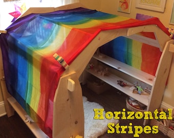 Tenda Playsilk a strisce arcobaleno: velo in seta Habotai tinto a mano