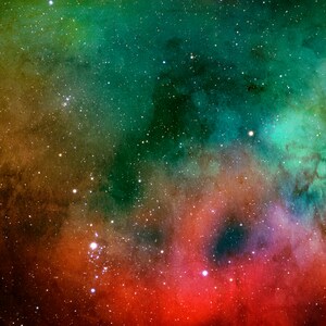 May include: A watercolor painting of a nebula with a dark blue background and a mix of green, red, and orange colors. The nebula is filled with stars.