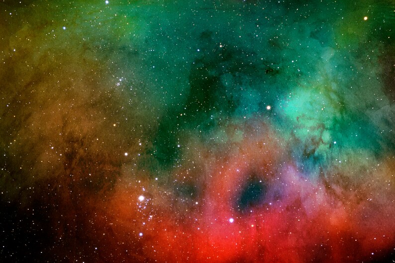 May include: A watercolor painting of a nebula with a dark blue background and a mix of green, red, and orange colors. The nebula is filled with stars.