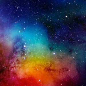 May include: A watercolor painting of a starry night sky with a colorful nebula in the center. The nebula is a mix of red, orange, yellow, green, and blue hues. The stars are white and scattered throughout the sky.