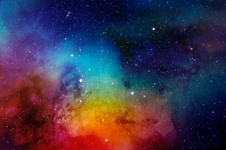May include: A watercolor painting of a starry night sky with a colorful nebula in the center. The nebula is a mix of red, orange, yellow, green, and blue hues. The stars are white and scattered throughout the sky.