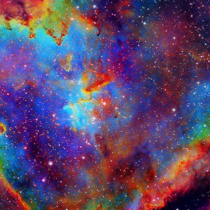 May include: A vibrant nebula with swirling colors of red, orange, yellow, green, blue, and purple. The nebula is filled with countless stars, creating a dazzling display of cosmic beauty.