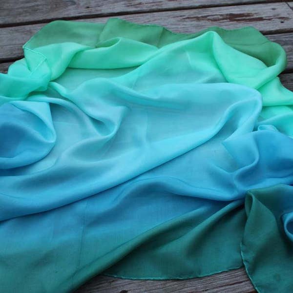 Playsilk Ocean ombré Striped Playsilks Greens & Blues ~ Hand Dyed ~ Waldorf ~ Silk Scarf