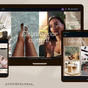 May include: A digital design showcasing a laptop, tablet, and smartphone displaying a website layout. The laptop screen shows the text "Elevate your content." The tablet displays the word "Photography." The smartphone shows two images. The image includes the text "@VIIVIEVELIINAA_."