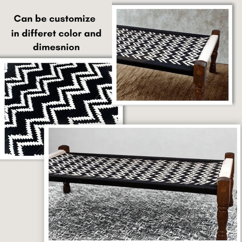 May include: A black and white woven bed frame with wooden legs and headboard. The bed frame has a zig-zag pattern. The text in the image says, "Can be customize in different color and dimesnion."