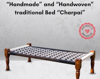 Cama Charpai de yute tejida a mano: estructura de madera de teca, sofá cama pakistaní
