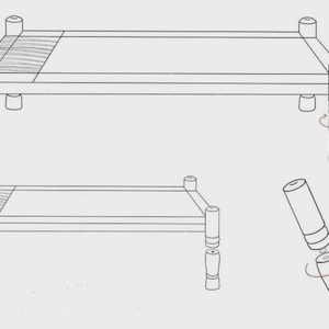 May include: Line drawing of a bed frame with a slatted base, showing assembly details. The bed frame has four turned legs and a rectangular frame. One leg is shown disassembled, illustrating how it attaches.