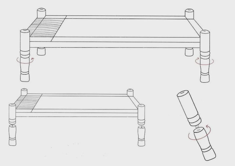 May include: Line drawing of a bed frame with a slatted base, showing assembly details. The bed frame has four turned legs and a rectangular frame. One leg is shown disassembled, illustrating how it attaches.