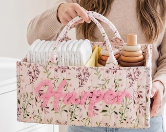 Cesto organizador personalizado para bebês, presente para recém-nascido, porta-fraldas personalizado com nome, organizador de berçário para novas mamães.