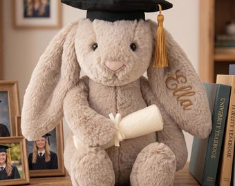 Coniglietto di laurea personalizzato, coniglietto di peluche con nome ricamato su misura, regalo di laurea per dottorato, coniglio di peluche marrone, regalo di laurea