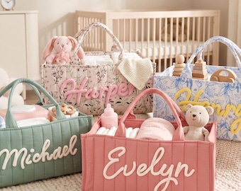 Personalized Baby Diaper Caddy, Embroidered Name Nursery Organizer Bag, Custom Newborn Storage Basket, Baby Shower Gift, Floral Baby Tote