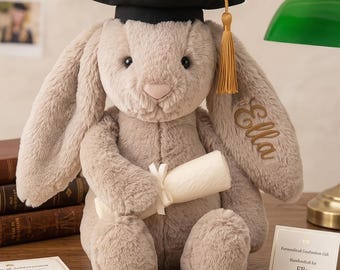 Personalized Graduation Bunny Plush, Custom Embroidered Name Rabbit, PhD Doctoral Graduation Gift, Brown Stuffed Bunny, 31cm Keepsake