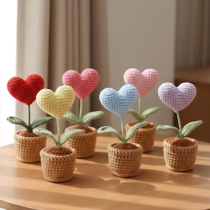 Può includere: Una collezione di sette fiori a forma di cuore all'uncinetto in piccoli vasi intrecciati. I cuori sono in vari colori: rosso, giallo, rosa, azzurro e viola. Ogni fiore ha foglie verdi e uno stelo marrone.