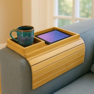 Bandeja de bambú para reposabrazos de sofá: organizador flexible con soporte para tazas y tabletas