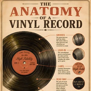 May include: Anatomy of a Vinyl Record poster. The poster features a detailed diagram of a vinyl record, highlighting its components such as grooves, lead-in, label, and dead wax. The poster has a vintage aesthetic with text and illustrations.