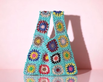 Crochet Granny Square Purse - Solid Blue with Accent