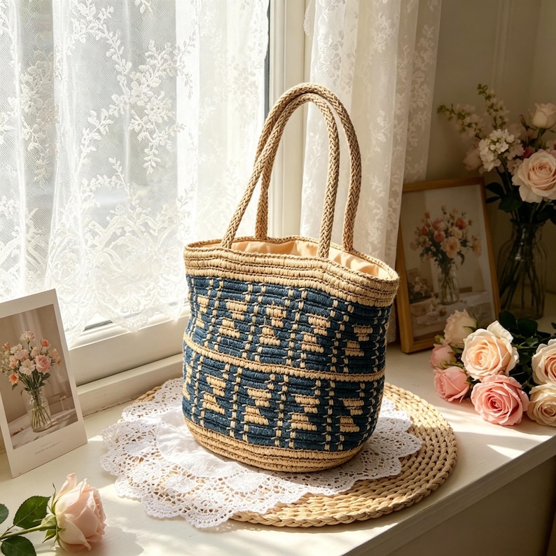 May include: A woven tote bag with a blue and beige geometric pattern. The bag has braided handles and a beige interior. It sits on a round woven mat and a white lace doily, with a window and flowers in the background.
