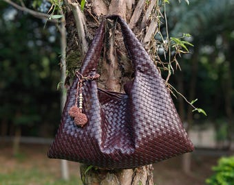 Personalized Vegan Leather Woven Tote Bag with Crochet Charm