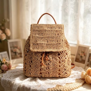 May include: A woven straw backpack with a flap closure and a drawstring. The bag has a brown leather handle and straps. The bag is tan and sits on a white lace tablecloth.