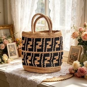 Puede incluir: Un bolso tote tejido con un patrón geométrico negro y beige. El bolso tiene asas trenzadas y forma rectangular. El bolso está sobre un tapete de encaje blanco, con una ventana y flores en el fondo.