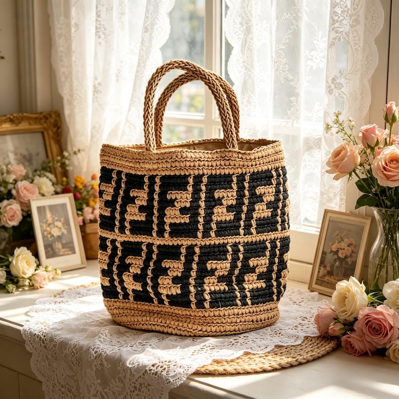 May include: A woven tote bag featuring a black and tan geometric design. The bag has braided handles and a rectangular shape. The bag is placed on a white lace doily, with a window and flowers in the background.