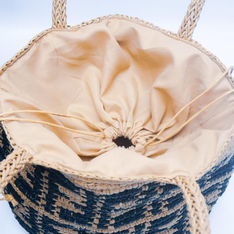 Handcrafted Raffia Tote Bag – Drawstring, Khaki, Summer Beach Bag, Friendly Straw Bag, Boho Handwoven Shoulder Bag, Large Tote, Gift for Her image 5