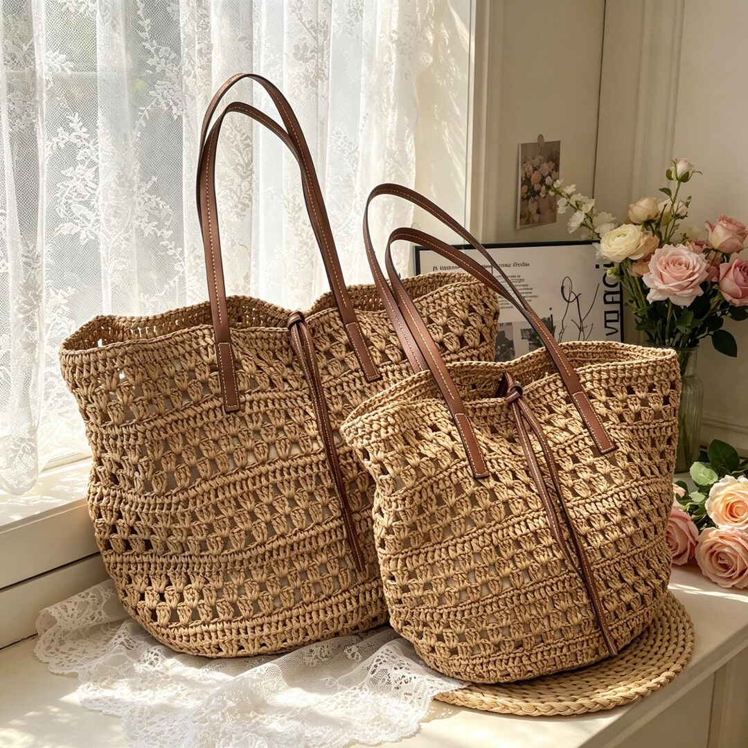 Large Woven Straw Tote Bag, Boho Beach Shoulder Bag, Crochet Raffia ...